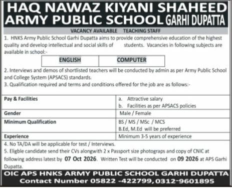 Haq Nawaz Kiyani Shaheed Army Public School Garhi Dupatta Jobs 2026 Jobs 2026 — original newspaper advertisement