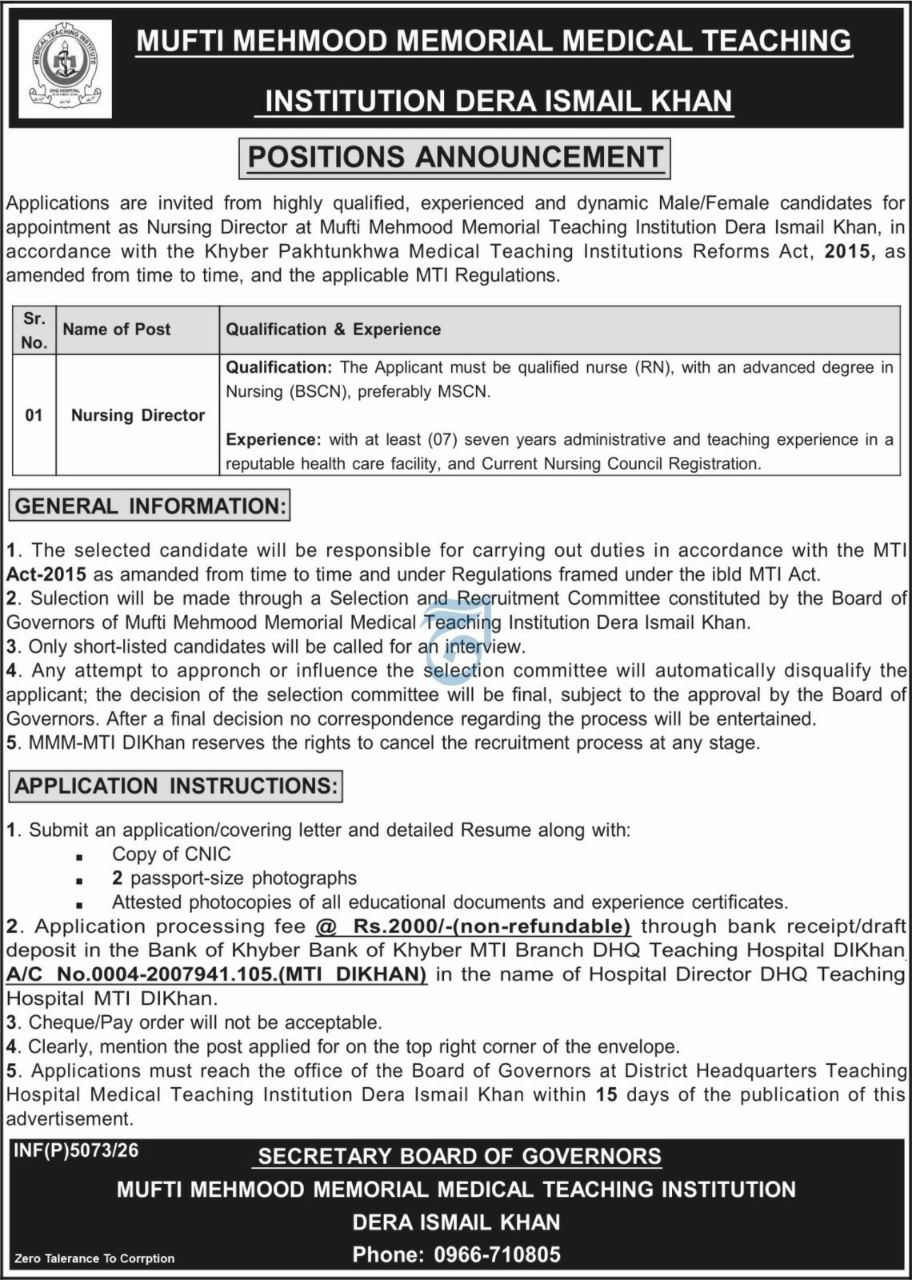 Mufti Mehmood Memorial Medical Teaching Institution Dera Ismail Khan Jobs 2026 Jobs 2026 — original newspaper advertisement