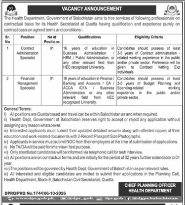 Health Department Balochistan Jobs 2026 – Health Department, Government of Balochistan Jobs 2026 — original newspaper advertisement