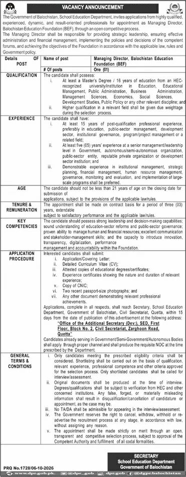 School Education Department Balochistan Jobs 2026 Jobs 2026 — original newspaper advertisement
