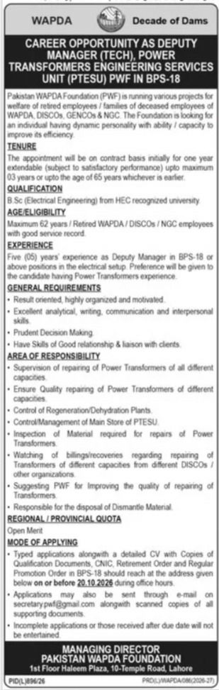 Pakistan WAPDA Foundation (PWF) Jobs 2026 Jobs 2026 — original newspaper advertisement
