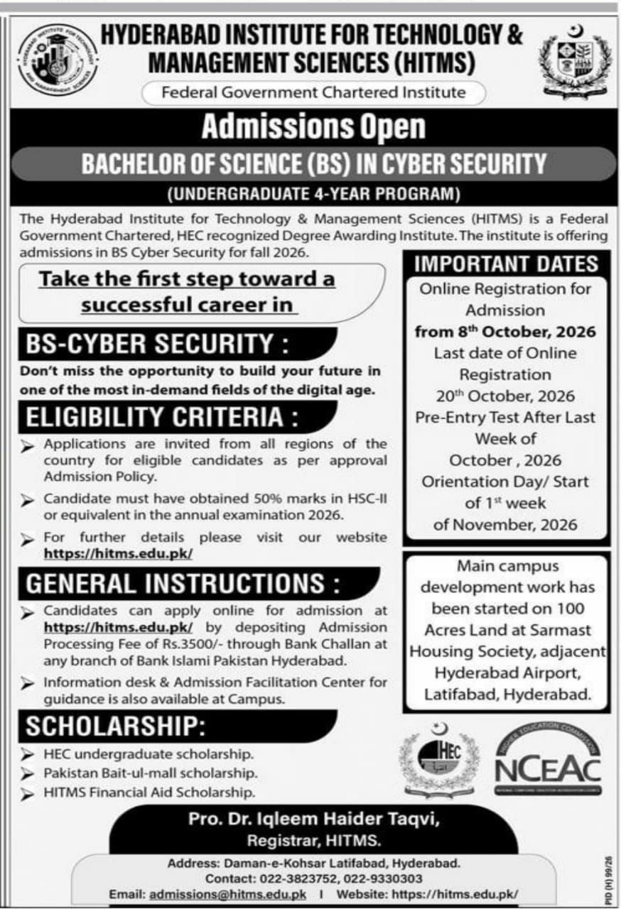 Admissions Open – Bachelor of Science (BS) in Cyber Security (Undergraduate 4-Year Program) – Hyderabad Institute for Technology & Management Sciences (HITMS) Admissions 2026 — original newspaper advertisement