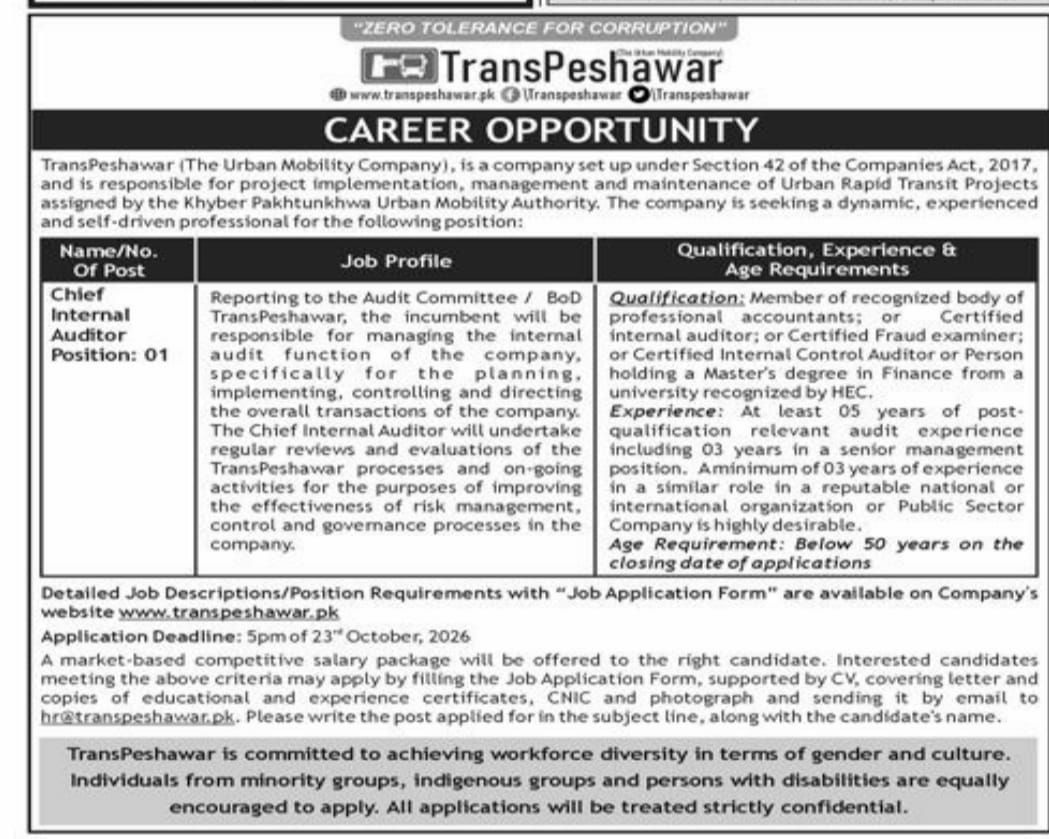 TransPeshawar (The Urban Mobility Company) Jobs 2026 Jobs 2026 — original newspaper advertisement