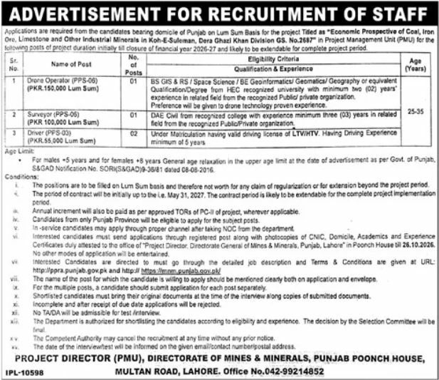 Project Director (PMU), Directorate of Mines & Minerals, Punjab Poonch House Jobs 2026 Jobs 2026 — original newspaper advertisement