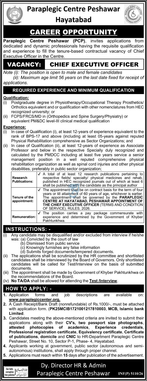 Paraplegic Centre Peshawar (PCP), Hayatabad Jobs 2026 Jobs 2026 — original newspaper advertisement