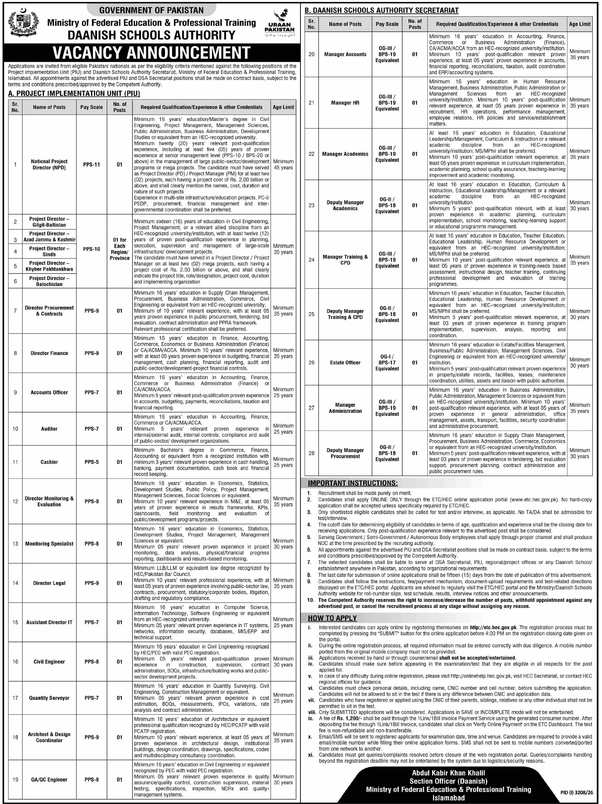 Ministry of Federal Education & Professional Training, Daanish Schools Authority Jobs 2026 – Ministry of Federal Education & Professional Training, Daanish Schools Authority (Project Implementation Unit & Daanish Schools Authority Secretariat) Jobs 2026 — original newspaper advertisement