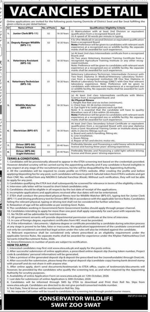 Conservator Wildlife, Swat Zoo Swat Khyber Pakhtunkhwa Jobs 2026 Jobs 2026 — original newspaper advertisement
