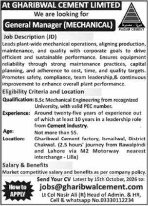 Gharibwal Cement Limited (Paidar Cement) Jobs 2026 Jobs 2026 — original newspaper advertisement
