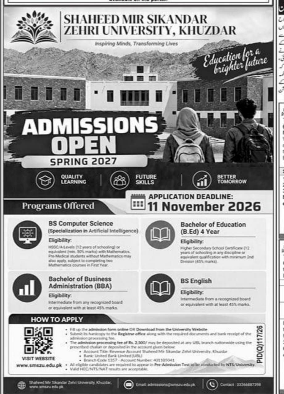 Admissions Open Spring Shaheed Mir Sikandar Zehri University, Khuzdar 2027 Admissions 2026 — original newspaper advertisement