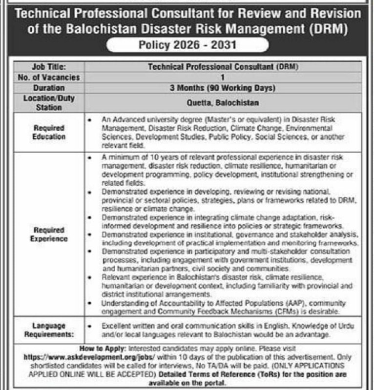 Balochistan Disaster Risk Management (DRM) Jobs 2026 – ASK Development (https://www.askdevelopment.org) Jobs 2026 — original newspaper advertisement