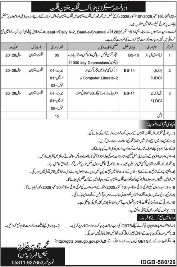 Office of the Secretary Food, Gilgit-Baltistan, Gilgit Jobs 2026 Jobs 2026 — original newspaper advertisement