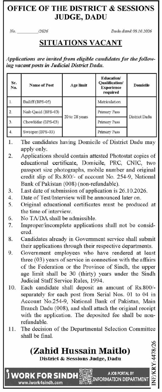 Office of the District & Sessions Judge, Dadu Jobs 2026 Jobs 2026 — original newspaper advertisement