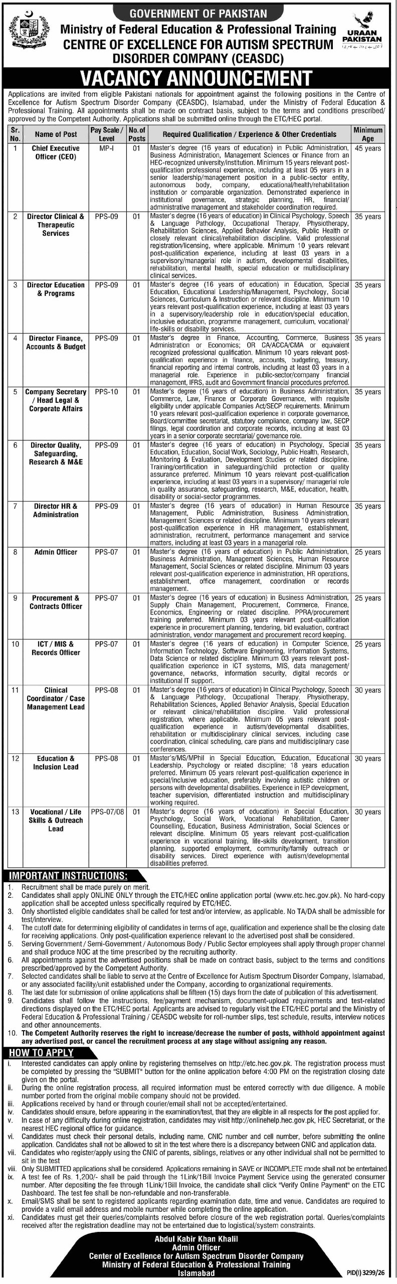 Ministry of Federal Education & Professional Training Jobs 2026 – Centre of Excellence for Autism Spectrum Disorder Company (CEASDC), Ministry of Federal Education & Professional Training, Government of Pakistan Jobs 2026 — original newspaper advertisement
