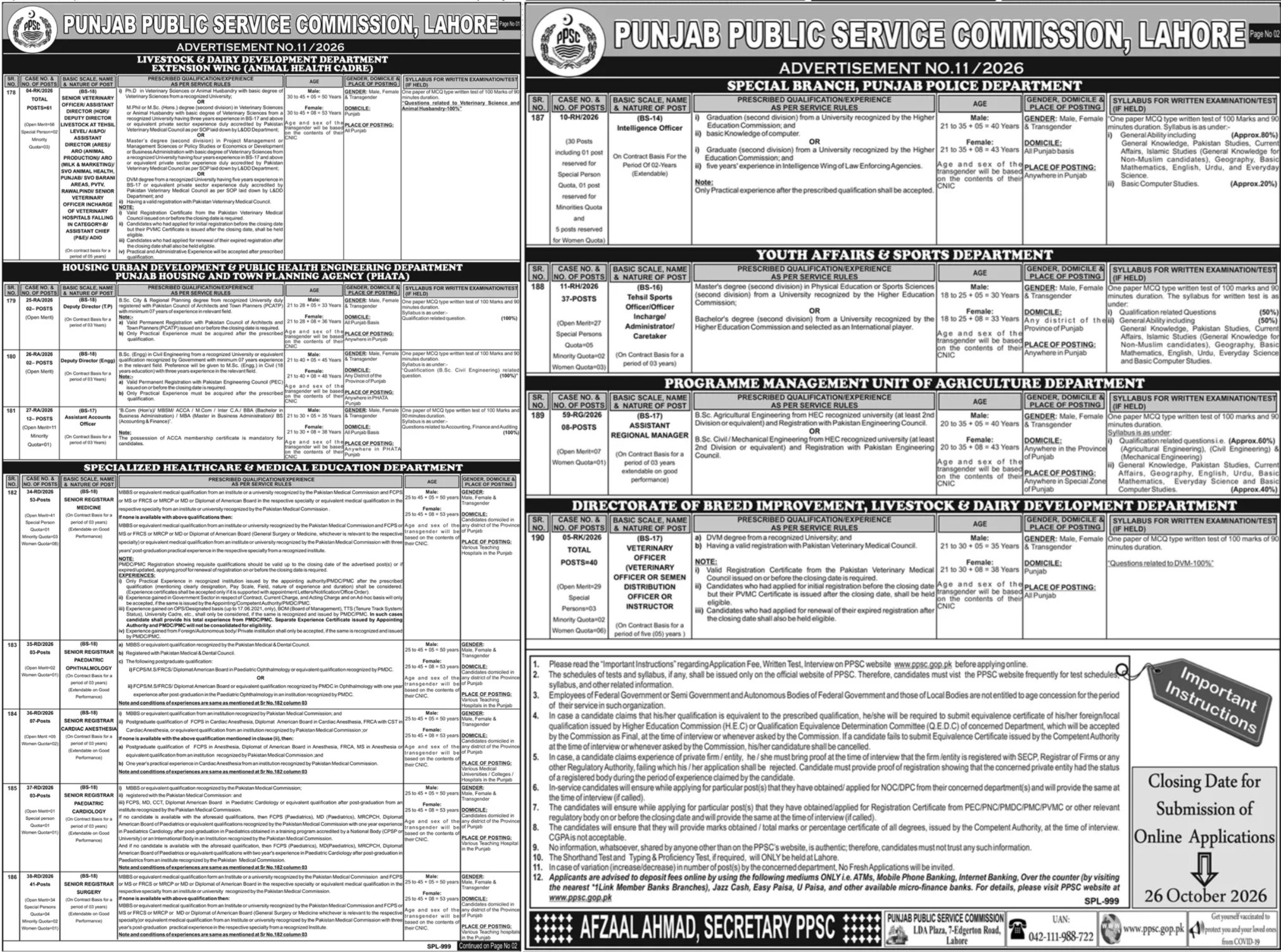 Punjab Public Service Commission, Lahore Jobs Advertisement No. 11/2026 Jobs 2026 — original newspaper advertisement
