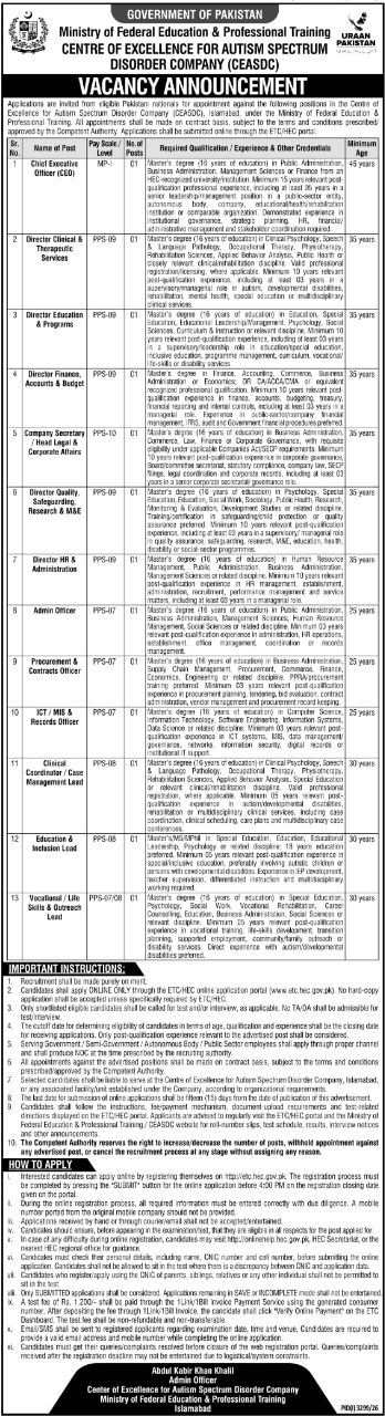 Ministry of Federal Education & Professional Training Jobs 2026 – Ministry of Federal Education & Professional Training, Government of Pakistan Jobs 2026 — original newspaper advertisement