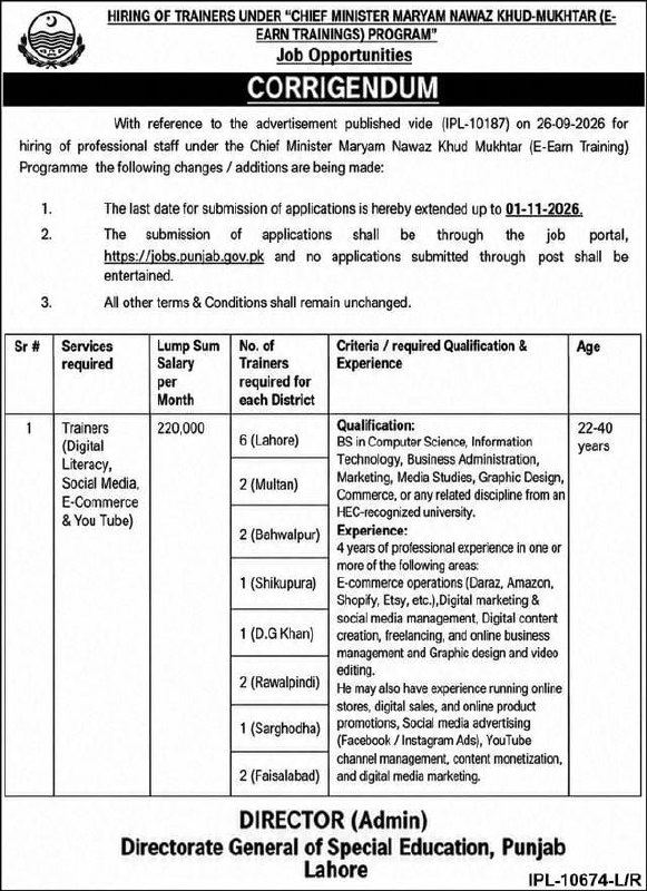 Hiring of Trainers under Chief Minister Maryam Nawaz Khud-Mukhtar (E-Earn Trainings) Program - Corrigendum – Directorate General of Special Education, Punjab Jobs 2026 — original newspaper advertisement