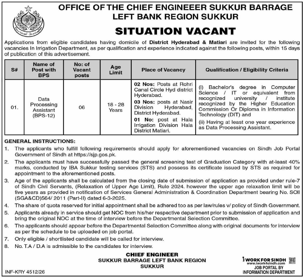 Office of the Chief Engineer Sukkur Barrage Left Bank Region Sukkur, Irrigation Department Jobs 2026 – Office of the Chief Engineer Sukkur Barrage Left Bank Region Sukkur, Irrigation Department, Government of Sindh Jobs 2026 — original newspaper advertisement