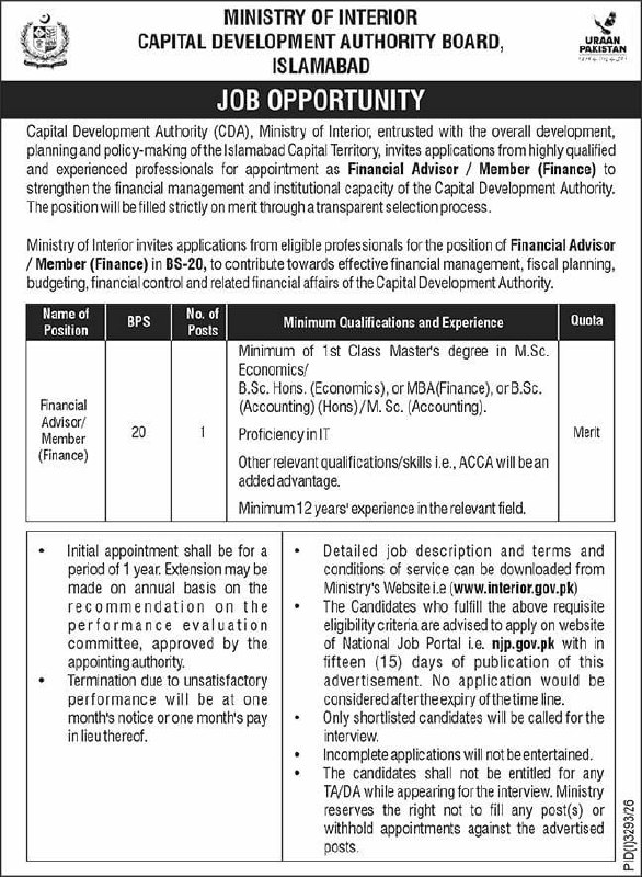 Capital Development Authority Board, Islamabad Jobs – Ministry of Interior, Capital Development Authority Board, Islamabad Jobs 2026 — original newspaper advertisement