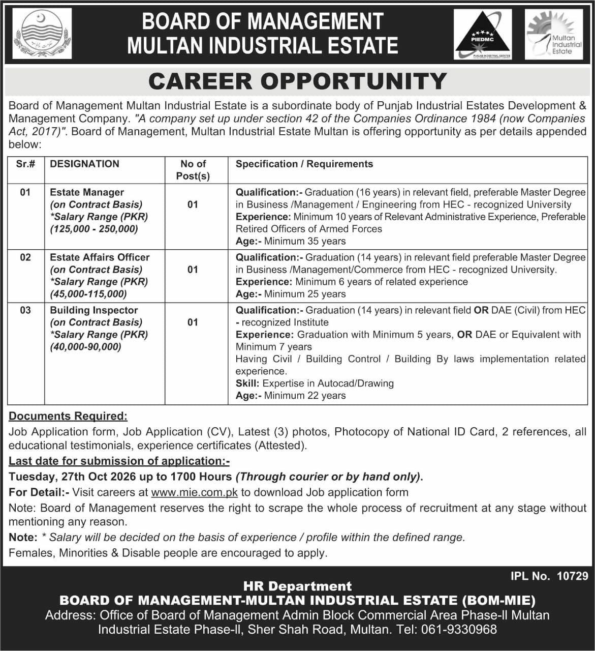 Board of Management - Multan Industrial Estate (BOM-MIE) Jobs Jobs 2026 — original newspaper advertisement