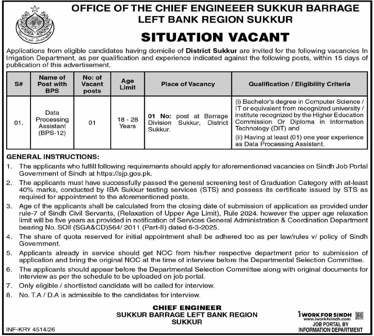 Office of the Chief Engineer, Sukkur Barrage Left Bank Region, Sukkur Jobs 2026 – Office of the Chief Engineer, Sukkur Barrage Left Bank Region, Sukkur (Irrigation Department, Government of Sindh) Jobs 2026 — original newspaper advertisement