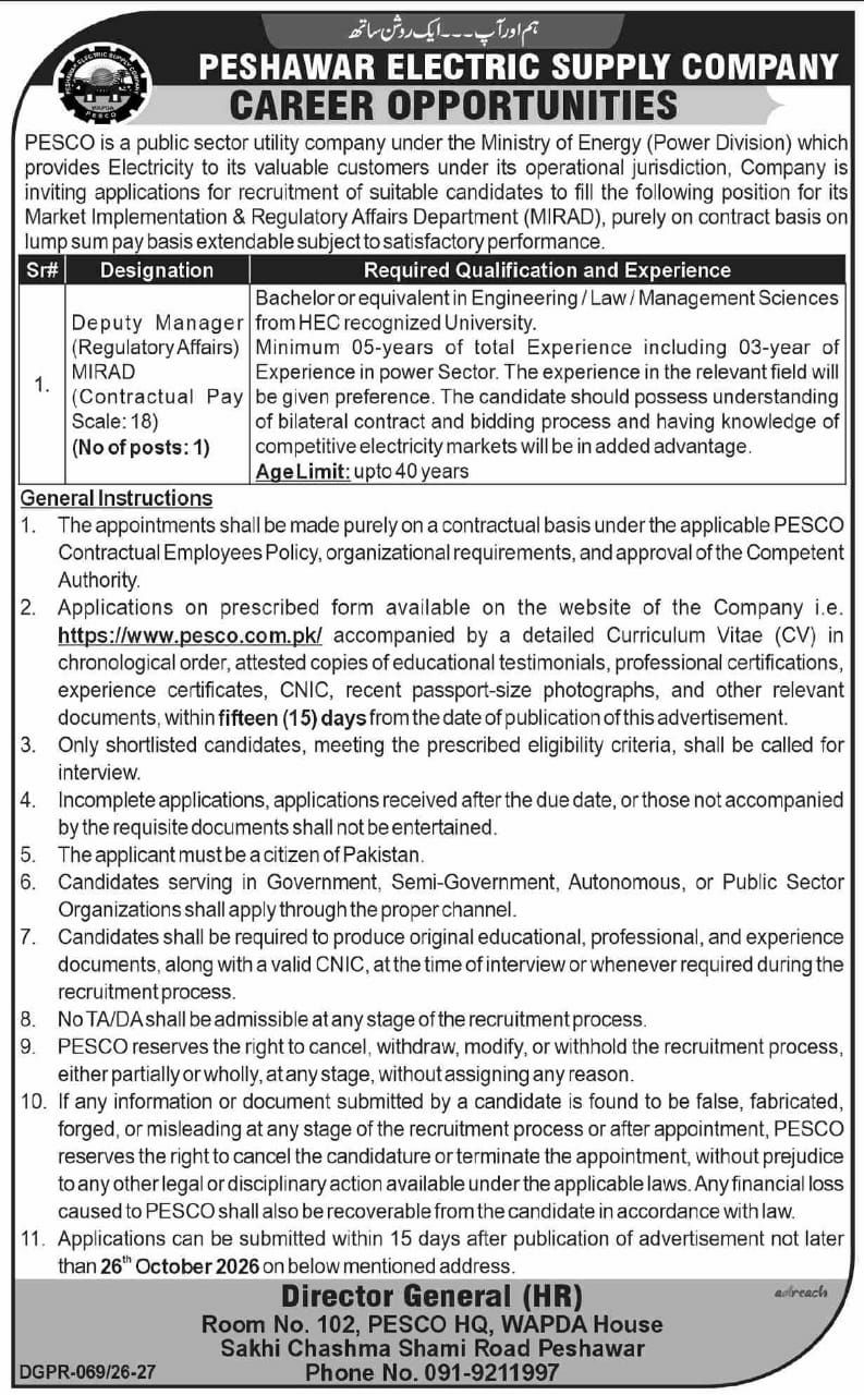 Peshawar Electric Supply Company (PESCO) Jobs Jobs 2026 — original newspaper advertisement