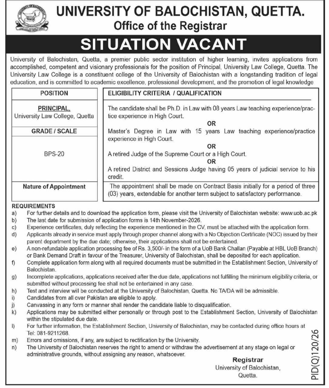 University of Balochistan, Quetta Jobs 2026 – University of Balochistan, Quetta - Office of the Registrar Jobs 2026 — original newspaper advertisement