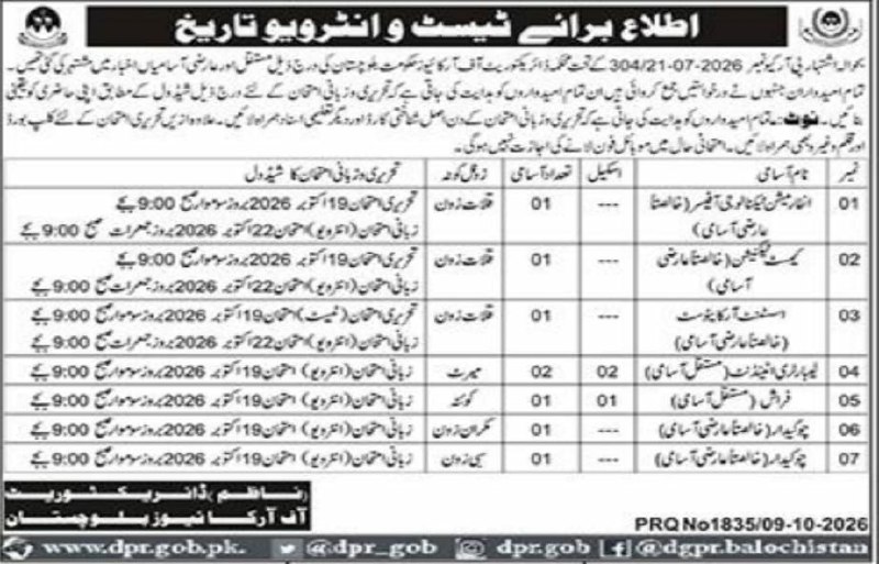 Notice of Written Test and Interview Date Directorate of Archives and Libraries, Balochistan Jobs 2026 — original newspaper advertisement