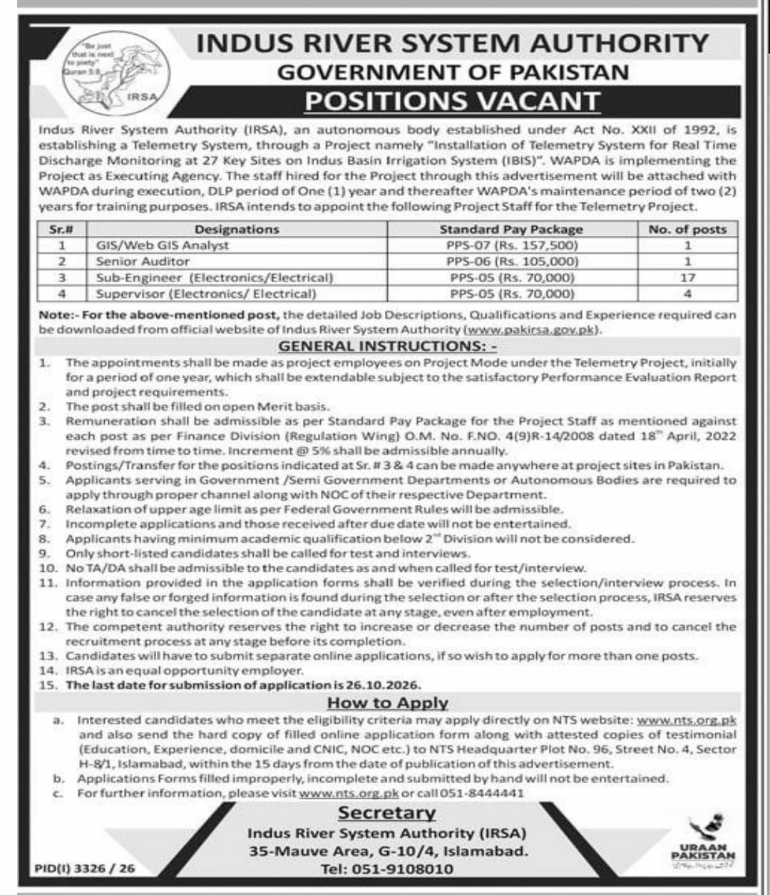 Indus River System Authority (IRSA) Jobs 2026 – Indus River System Authority (IRSA), Government of Pakistan Jobs 2026 — original newspaper advertisement