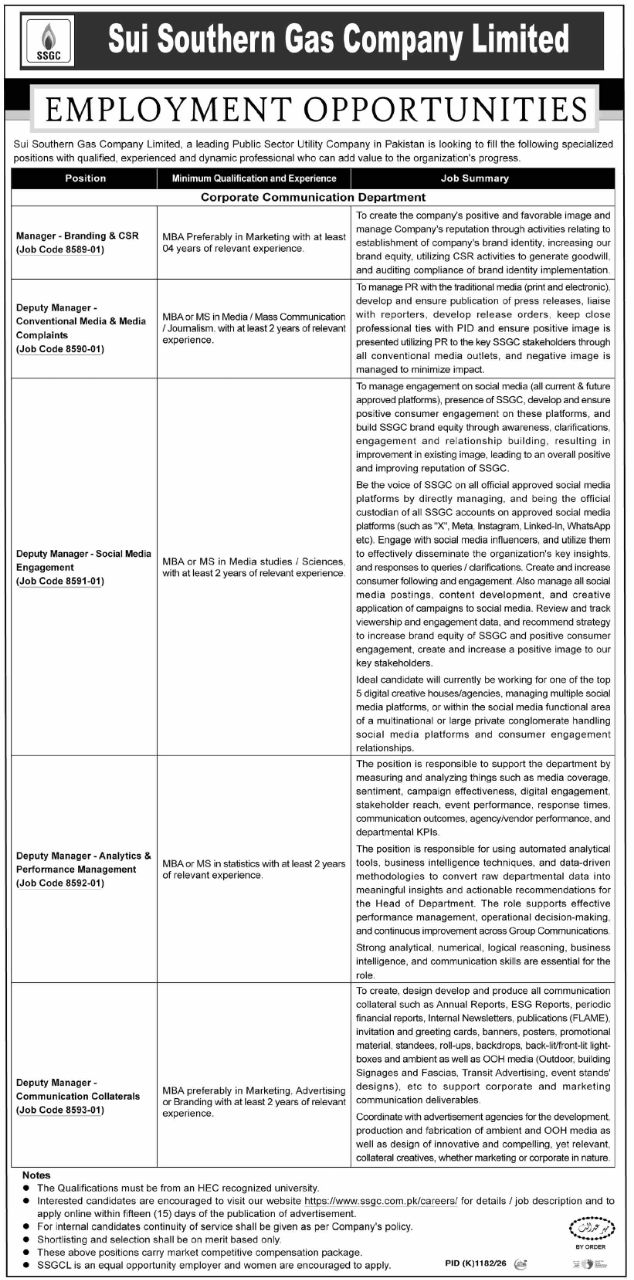 Sui Southern Gas Company Limited (SSGC) Jobs 2026 Jobs 2026 — original newspaper advertisement