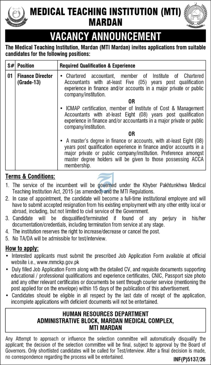 Medical Teaching Institution (MTI) Mardan Jobs 2026 Jobs 2026 — original newspaper advertisement