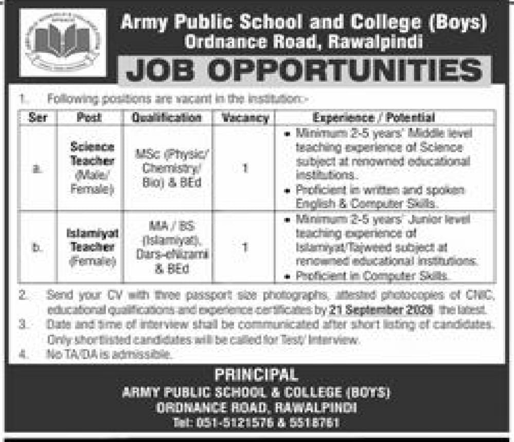 Army Public School and College (Boys), Ordnance Road, Rawalpindi Jobs 2026 Jobs 2026 — original newspaper advertisement
