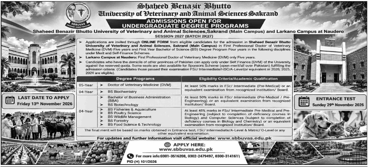 Admissions Open for Undergraduate Degree Programs – Shaheed Benazir Bhutto University of Veterinary and Animal Sciences, Sakrand Admissions 2026 — original newspaper advertisement