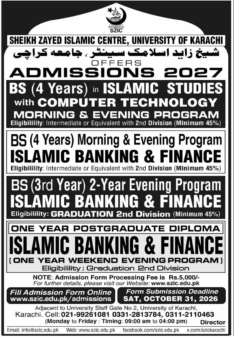 Admissions Sheikh Zayed Islamic Centre, University of Karachi 2027 Admissions 2026 — original newspaper advertisement