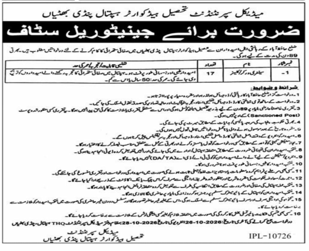 Medical Superintendent, Tehsil Headquarter Hospital Pindi Bhatian Jobs 2026 Jobs 2026 — original newspaper advertisement