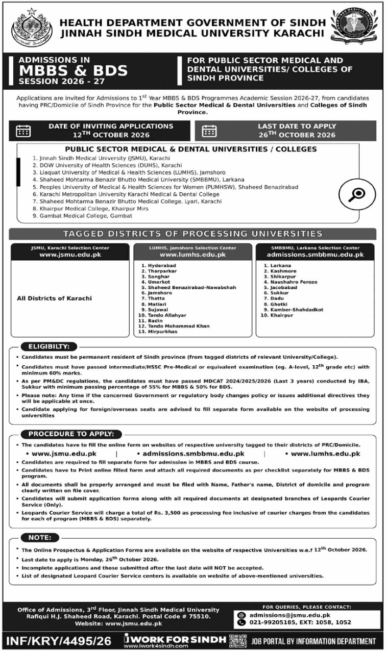 Admissions in MBBS & BDS Session 2026-27 – Health Department Government of Sindh - Jinnah Sindh Medical University Karachi Admissions 2026 — original newspaper advertisement