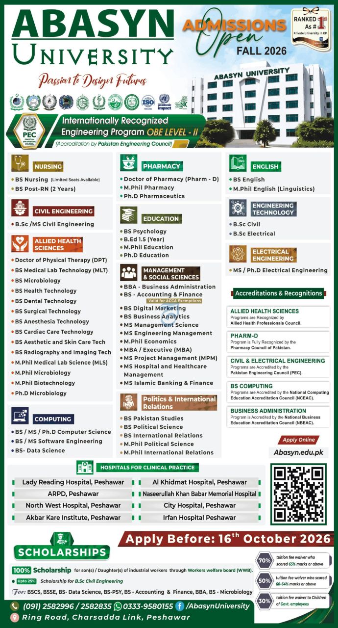 Admissions Open Abasyn University Fall 2026 Admissions 2026 — original newspaper advertisement