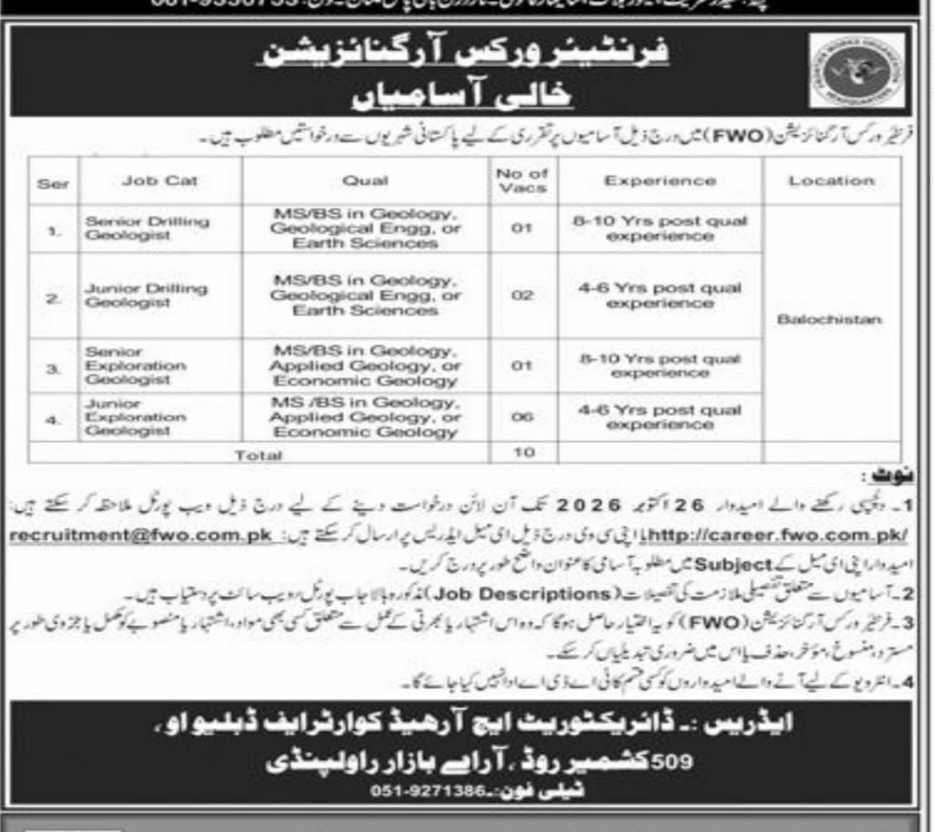 Frontier Works Organization (FWO) Jobs 2026 Jobs 2026 — original newspaper advertisement