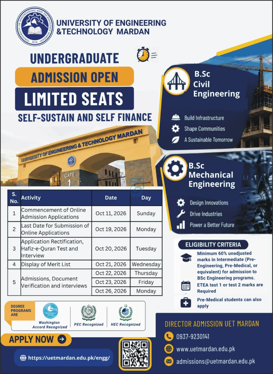 Undergraduate Admission Open – Limited Seats (Self-Sustain and Self Finance) – University of Engineering & Technology Mardan Admissions 2026 — original newspaper advertisement
