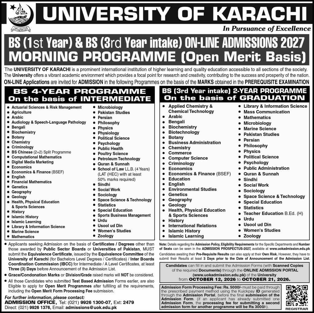BS (1st Year) & BS (3rd Year intake) ON-LINE ADMISSIONS 2027 - MORNING PROGRAMME (Open Merit Basis) – University of Karachi Admissions 2026 — original newspaper advertisement