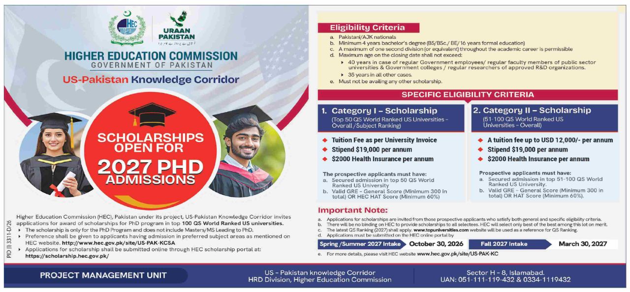 US-Pakistan Knowledge Corridor – Scholarships Open for 2027 PhD Admissions – Higher Education Commission (HEC), Government of Pakistan Scholarships 2026 — original newspaper advertisement