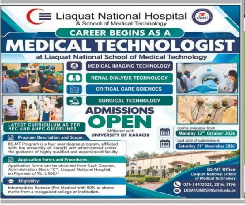 Admissions Open - Career Begins as a Medical Technologist – Liaquat National Hospital & School of Medical Technology (LNSMT) Admissions 2026 — original newspaper advertisement
