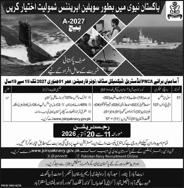 Join Pakistan Navy as Civilian Apprentice – Batch A-2027 Jobs 2026 — original newspaper advertisement