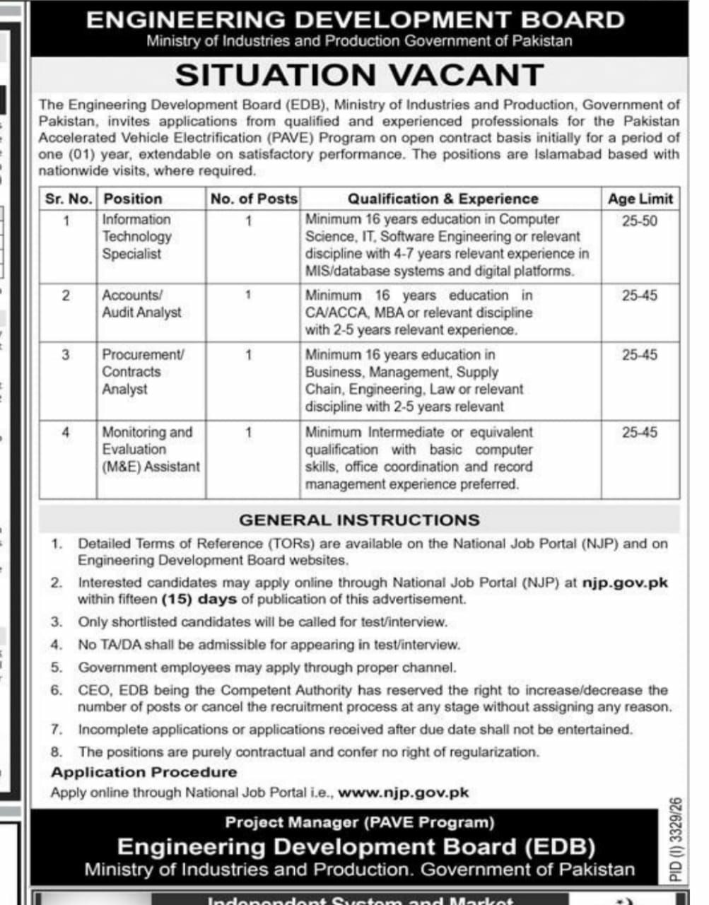 Engineering Development Board (EDB) Jobs 2026 – Engineering Development Board (EDB), Ministry of Industries and Production, Government of Pakistan Jobs 2026 — original newspaper advertisement