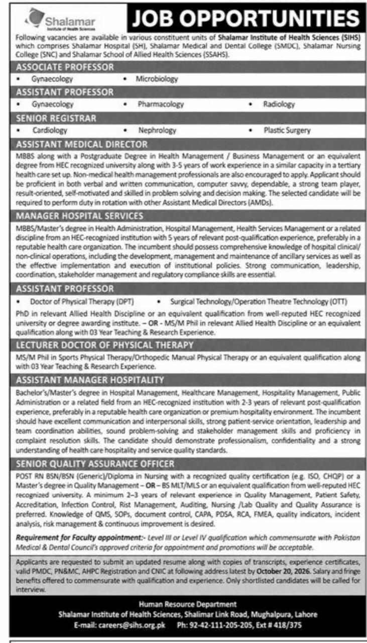 Shalamar Institute of Health Sciences (SIHS) Jobs 2026 Jobs 2026 — original newspaper advertisement