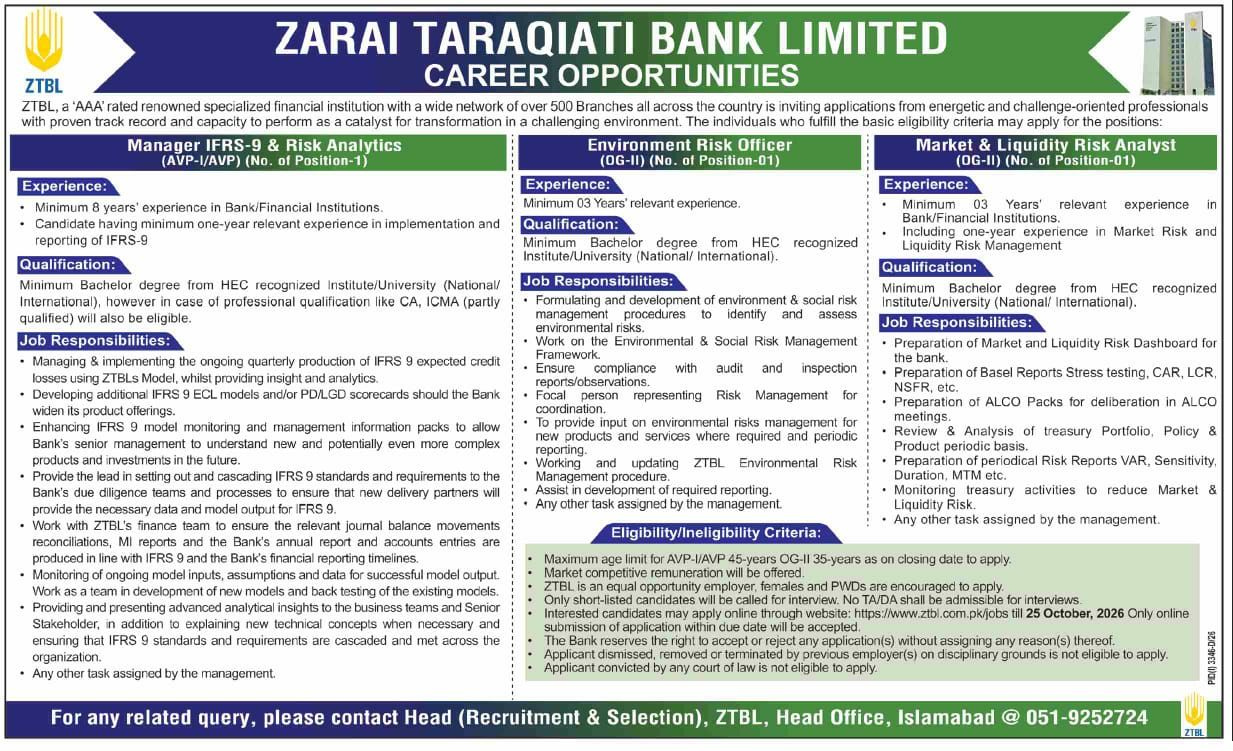 Zarai Taraqiati Bank Limited (ZTBL) Islamabad Jobs 2026 Jobs 2026 — original newspaper advertisement