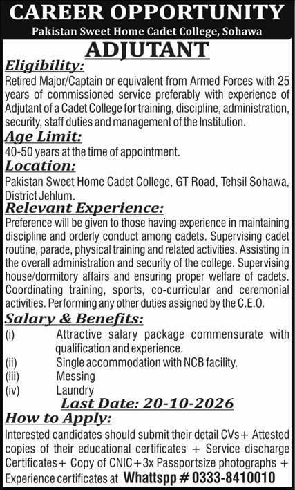 Pakistan Sweet Home Cadet College, Sohawa Jobs 2026 Jobs 2026 — original newspaper advertisement