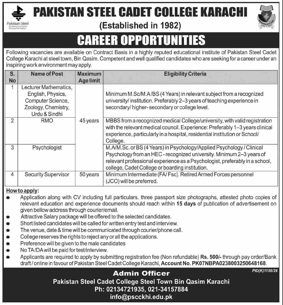 Pakistan Steel Cadet College Karachi Jobs 2026 Admissions 2026 — original newspaper advertisement