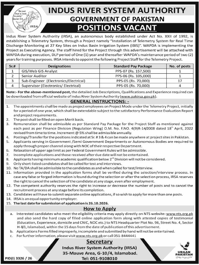 Indus River System Authority (IRSA) Jobs 2026 – Indus River System Authority (IRSA), Government of Pakistan Jobs 2026 — original newspaper advertisement