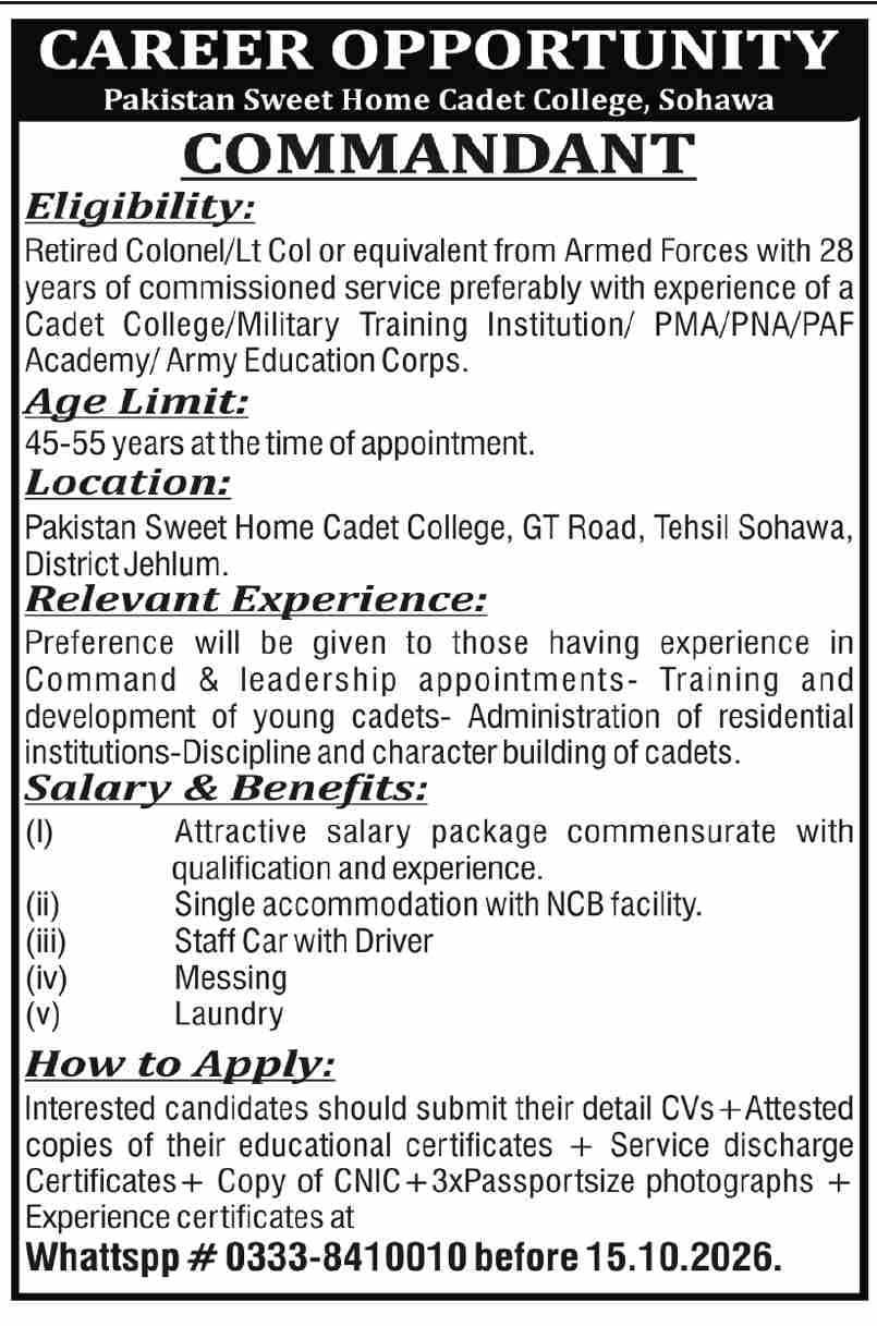 Commandant – Pakistan Sweet Home Cadet College, Sohawa Jobs 2026 — original newspaper advertisement