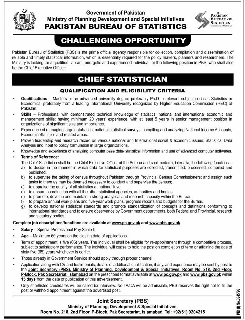 Pakistan Bureau of Statistics (PBS), Ministry of Planning Development and Special Initiatives Jobs 2026 – Pakistan Bureau of Statistics (PBS), Ministry of Planning Development and Special Initiatives, Government of Pakistan Jobs 2026 — original newspaper advertisement